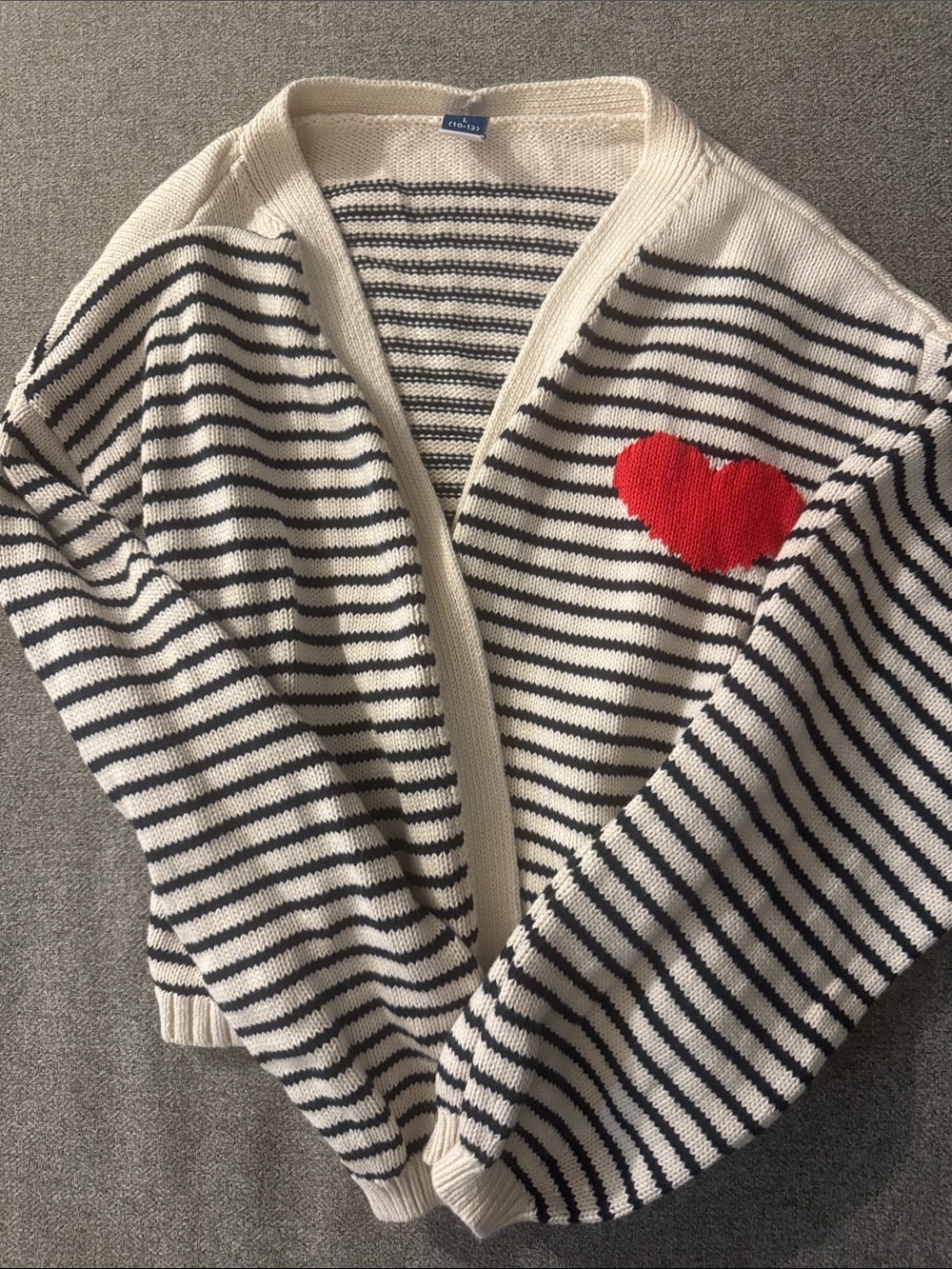 5/$15- Striped Cream & Black Cardigan with Red Heart